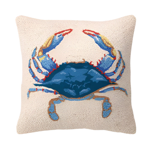 Handcrafted blue crab hook pillow with wool embroidery on a neutral background, 16 inches.