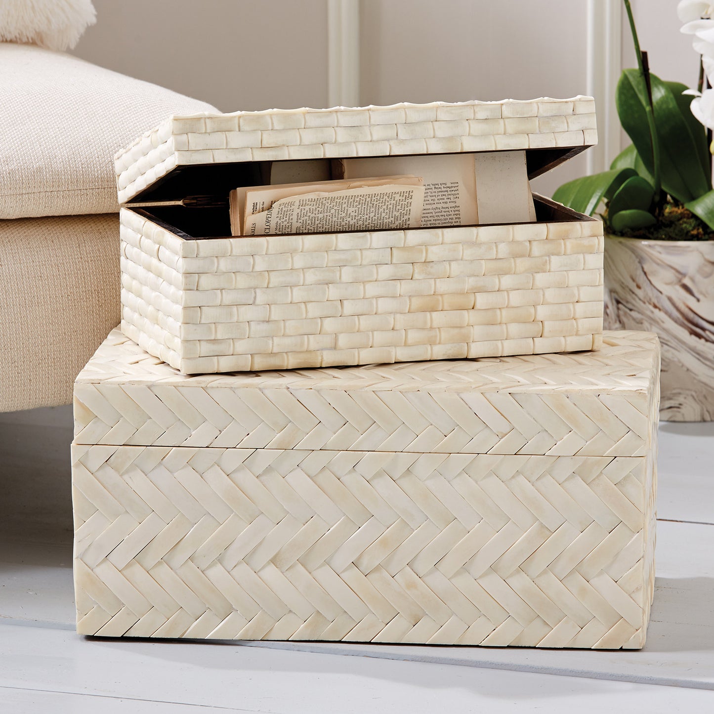 Basketweave Bone Boxes - Set of 2